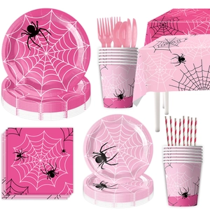 Pink Spider Girl birthday party tableware set with paper plates cups and tablecloth