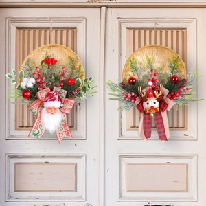 Bamboo Christmas wreaths with Santa and Reindeer motifs featuring pine needles and red berries