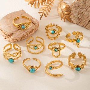 Vintage Stainless Steel Natural Stone Ring Gold Plated Adjustable Open Ring Evil Eye Hamsa Hand Skull Snake Bohemian Jewelry For Women Men