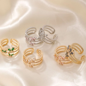 Elegant multi-layered butterfly open rings featuring colorful zircon stones in gold and silver