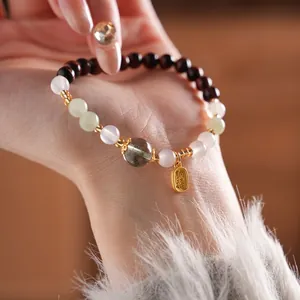 Green Phantom Quartz Tiger Eye Wood Beaded Bracelet With Freshwater Pearl Blessing Pendant Vintage Chinese Style Women