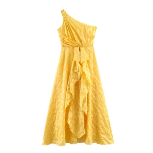 Women Asymmetric Shoulder Maxi Dress Ruffle High Waist Yellow Jacquard Textured Sleeveless Elegant Party Resort Long Gown