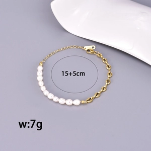 Asymmetric gold necklace with freshwater pearls and pig nose links 15+5cm 7g