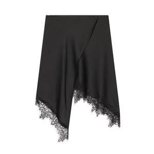Satin Midi Skirt Asymmetric Lace Patchwork Black High Waist Irregular Hem Elegant Streetwear For Women