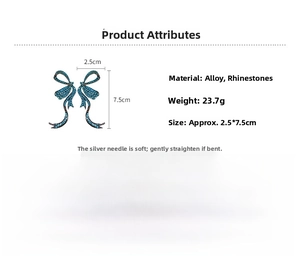 Detail specifications of silver needle bow earrings with blue rhinestones and measurements