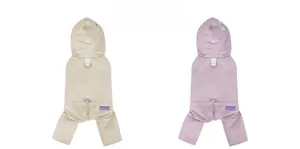 Detail view of cream and lilac hooded dog jumpsuits with built-in harness D-rings