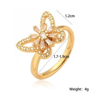 Detail shot of 18K gold plated butterfly ring with zirconia dimensions and weight