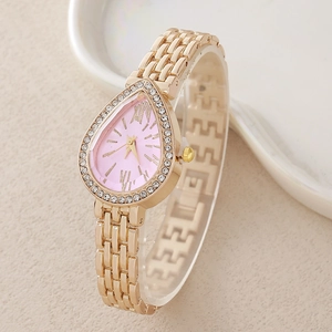 Women Quartz Watch Fashion Teardrop Shaped Dial Rhinestone Bezel Alloy Metal Chain Strap Roman Numerals Wristwatch
