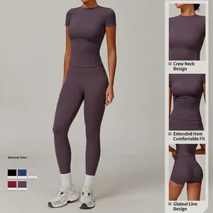 Women's brushed yoga set including tight short sleeve top and high waist leggings in purple