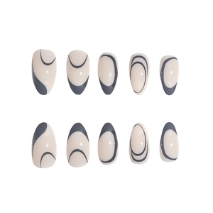 Minimalist almond shaped press-on nails with grey abstract swirl lines on beige base