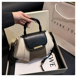 Detail of tri-color leather handbag in gift box with gold hardware and fashion logo