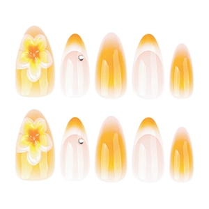 Short almond press-on nails with 3D yellow flowers and gradient rhinestones set