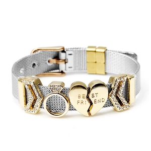 Silver mesh keeper bracelet with gold best friend heart and V-shaped crystal charms
