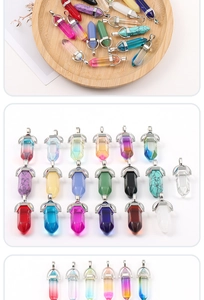 Detail view of colorful hexagonal crystal pillar pendants with silver metal clasps