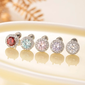 Sparkling round cubic zirconia stud earrings set in silver titanium steel with colorful gems