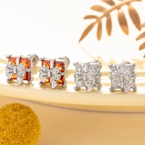 Elegant cubic zirconia bowknot gift box stud earrings made of durable titanium steel