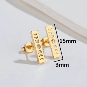 Minimalist gold-tone rectangular stud earrings with moon phase cutout design, 15mm size