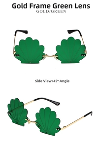 Detailed front and 45-degree side view of green leaf shamrock sunglasses with gold frame