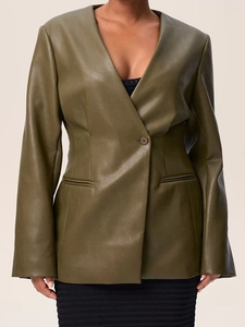 Macro detail of olive green PU leather blazer featuring V-neckline and single-button closure