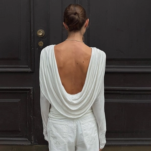 Women Cowl Back Long Sleeve T-Shirt Backless Ruched Side Milk Satin Sexy Elegant Solid Color Slim Fit Top