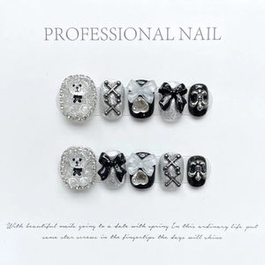 Handmade Press On Nails Black Silver Rhinestone Bear Bow Heart Y2K Gothic Cool Sweet False Nails For Women