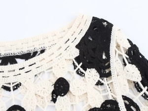 Detail des Häkelstrick-Ausschnitts mit schwarz-weißem floralem Lochmuster-Design