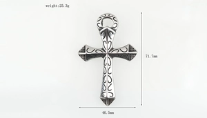 Detailed close-up showing gothic cross pendant dimensions of 71.7mm height and 25.3g weight