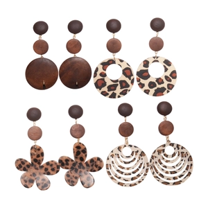 Boucles d'oreilles vintage en résine et bois à motif léopard, formes rondes et fleurs