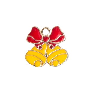 Christmas alloy bell charm with red bow and yellow enamel finish for DIY jewelry