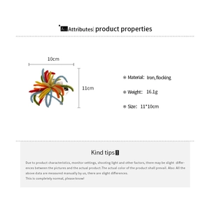 Detailed size and material guide for the floral hair clip showing dimensions and iron flocking