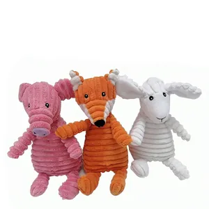Plush dog squeaky toys set including pig, fox, and lamb made of corduroy fabric