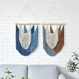 Macrame Wall Hanging Tapestry Cotton Rope Wood Pole Tassel Fringe Bohemian Home Decor Wall Art Hand Woven
