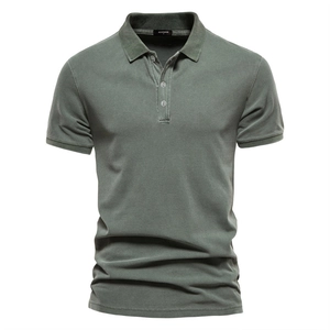 Classic men's short-sleeved cotton Polo shirt in sage green with three buttons and lapel