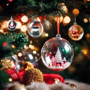 Clear acrylic Christmas ornament ball featuring a miniature winter house scene and red cord