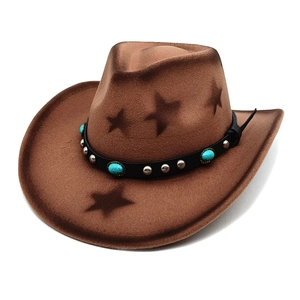 Western Cowboy Hat Cotton Polyester Felt Star Print Faux Leather Band Turquoise Rivet Retro Ethnic Style Unisex