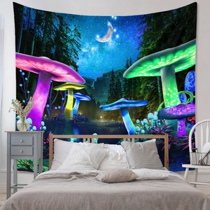 Detailed view of large tapestry featuring a fantasy glowing mushroom forest in a bedroom