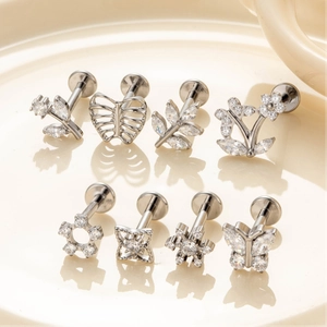 G23 titanium labret studs set with zircon butterfly and flower designs for piercings