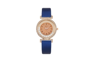 Elegant rose gold women's quartz watch with dark blue satin strap and floating crystals.