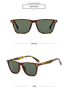 Detail view of square tortoiseshell sunglasses with dark green lenses and metal studs