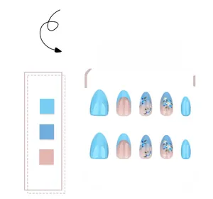 Detail of almond shaped blue gradient press-on nails with floral art and French tips