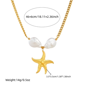 Bohemian gold plated stainless steel necklace with irregular pearl and starfish charm