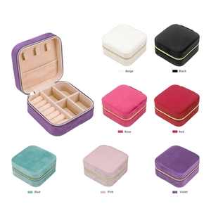 Portable velvet jewelry box organizer in multiple colors with ring slots and zipper