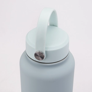 Detail of mint green matte insulated water bottle lid with a sturdy carrying handle