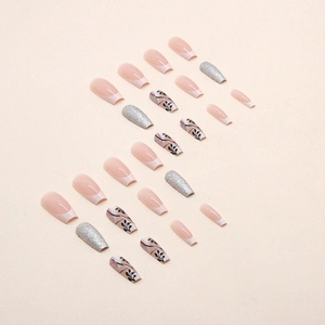 Glittering French nude pink and black vine pattern ballerina press-on nails set