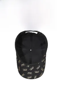Detail of sport baseball cap featuring gold lettering print and breathable mesh inner