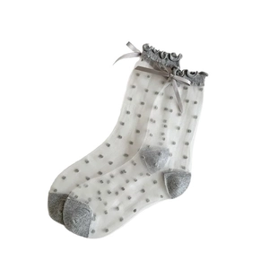 Chaussettes transparentes grises à pois avec bordure en dentelle et nœud élégant