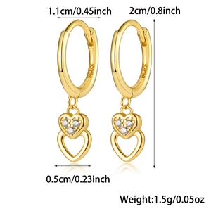 Detailed dimensions of gold S925 silver heart hoop earrings with cubic zirconia stones