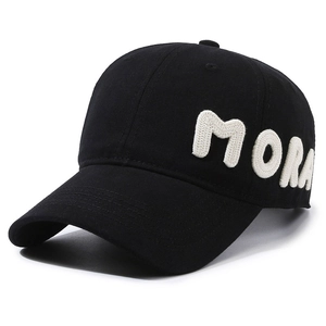 Classic black baseball cap with white MORA letter embroidery on side 45-degree angle view