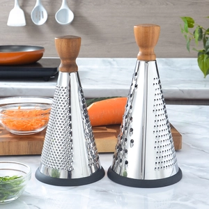 Conical stainless steel cheese grater with wooden handle and anti-slip rubber base