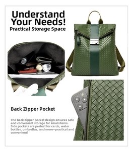 Detail view of woven leather backpack showing large storage capacity and anti-theft back pocket